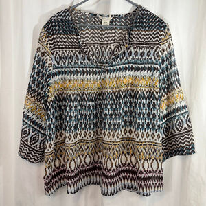 Ariat Boho Sheer Geometric Print Brown Teal Peasant Blouse Size M